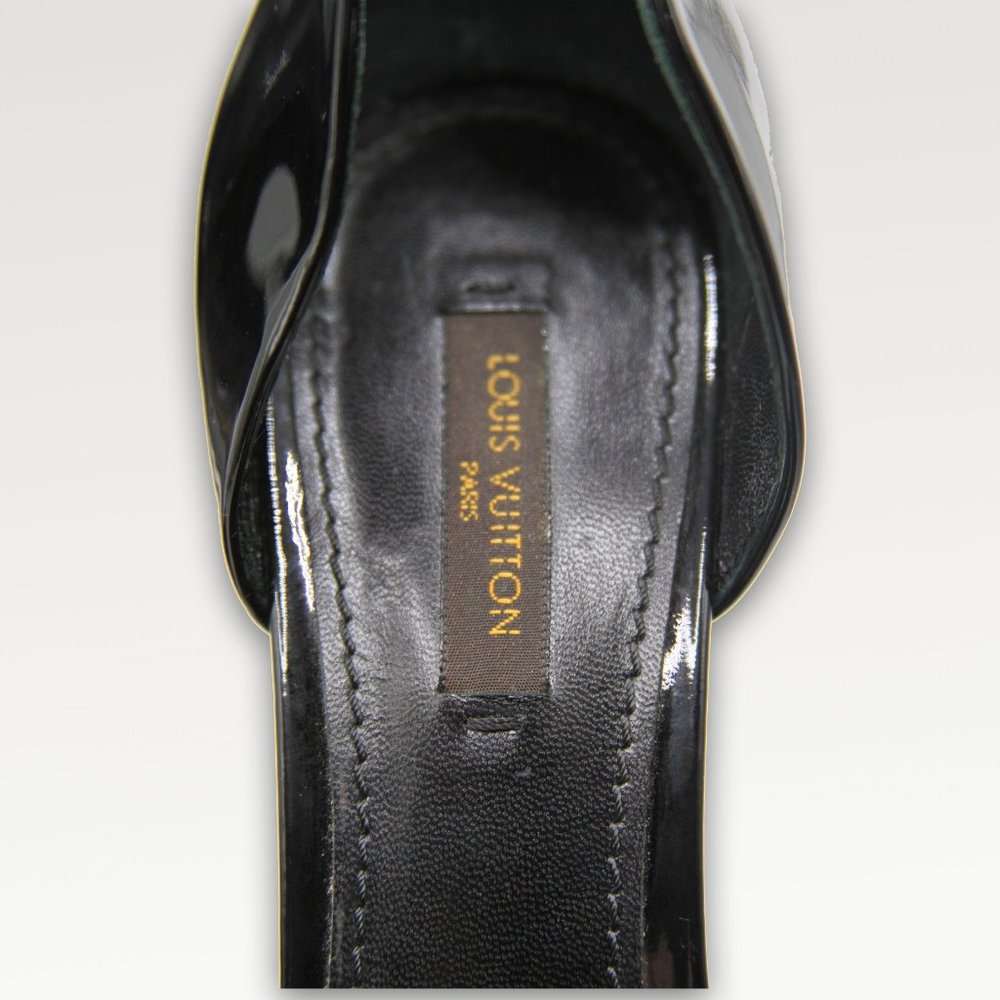 LOUIS VUITTON Open Toe Pump, Black Patent Leather, 10cm Heel - Picture 6 of 10